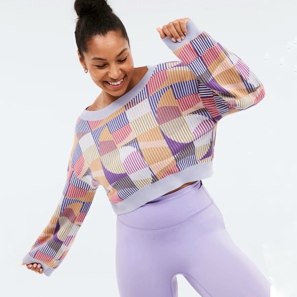 Fabletics Sweaters - Shanda Crew Neck Sweater Lavender Purple Geometric Print Crewneck Knit Top 2X